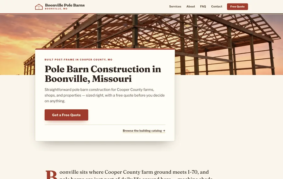 Homepage of a pole barn construction website for Boonville, Missouri