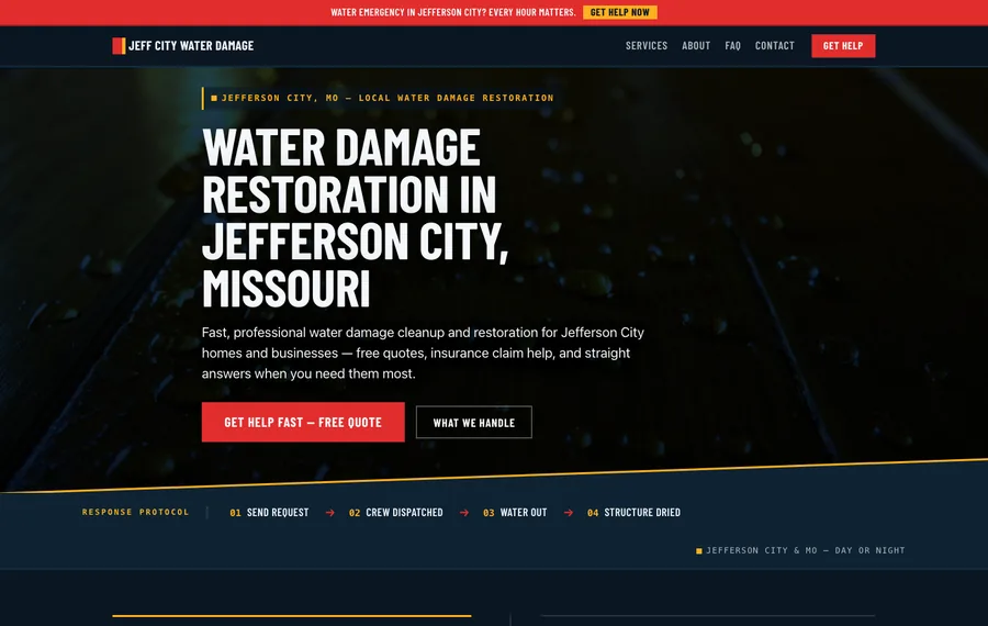 Homepage of a water damage restoration website for Jefferson City, Missouri