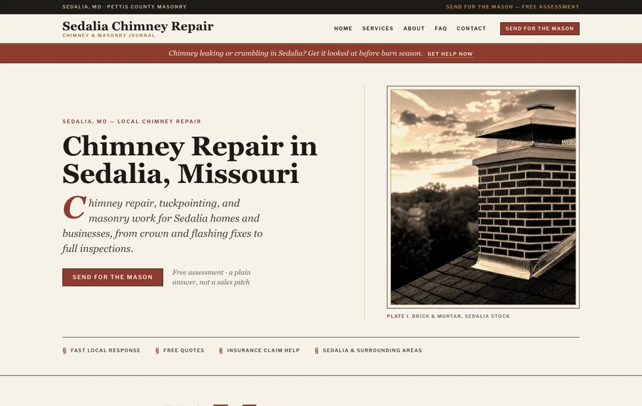 Homepage of a chimney repair website for Sedalia, Missouri