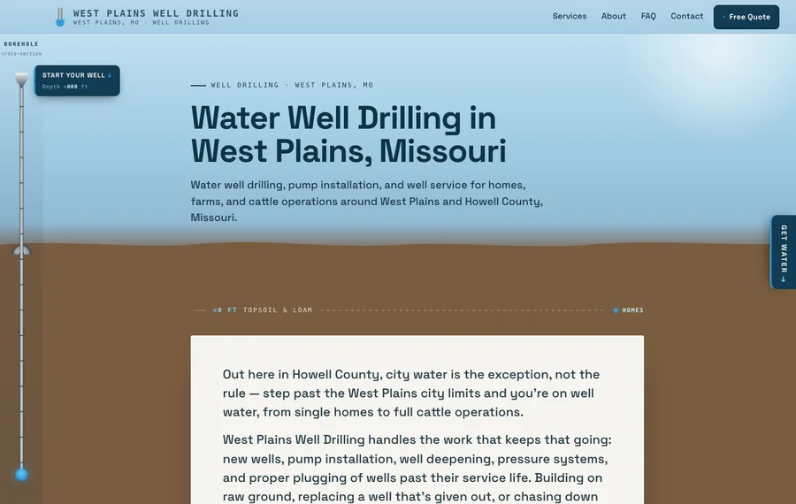 Homepage of a water well drilling website for West Plains, Missouri