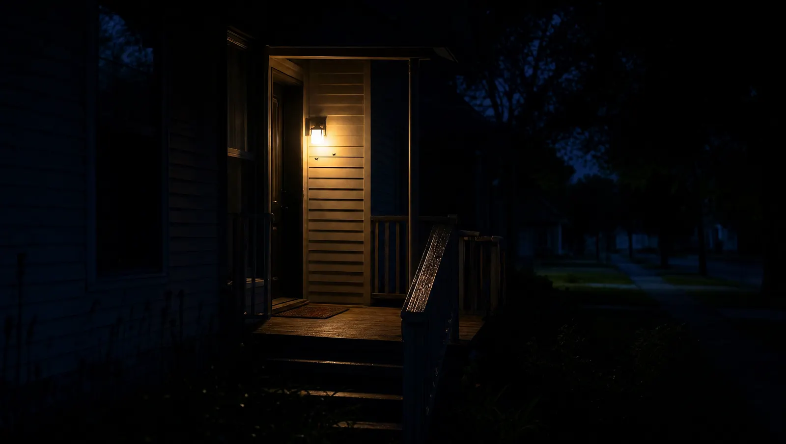 A warm porch light glowing beside a front door in the middle of the night