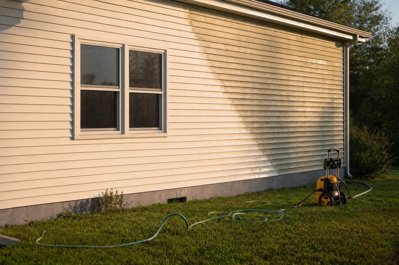 A worker pressure-washing a home's siding, the spray backlit by golden afternoon light