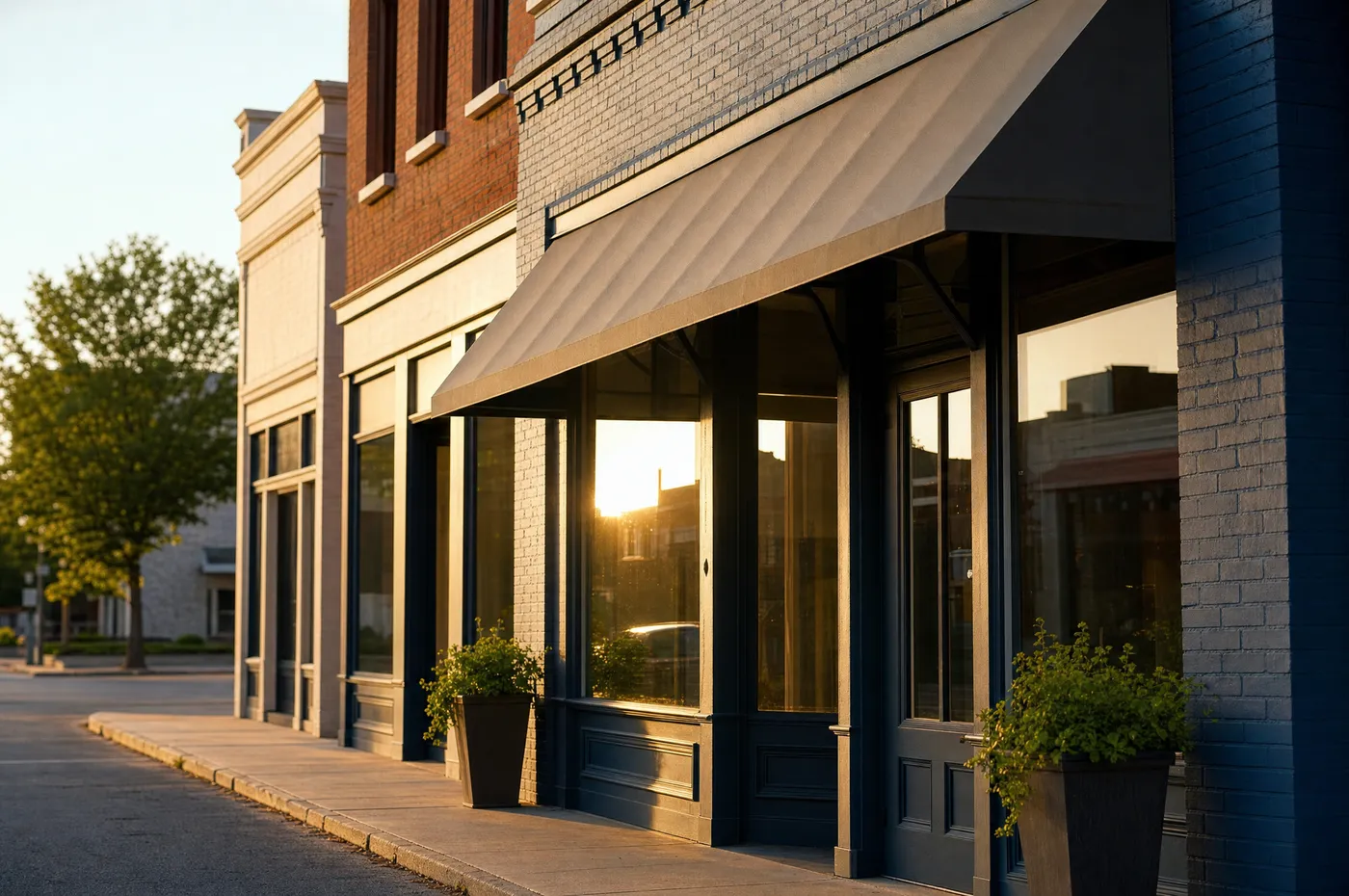 A small-town storefront in early morning light, just before opening