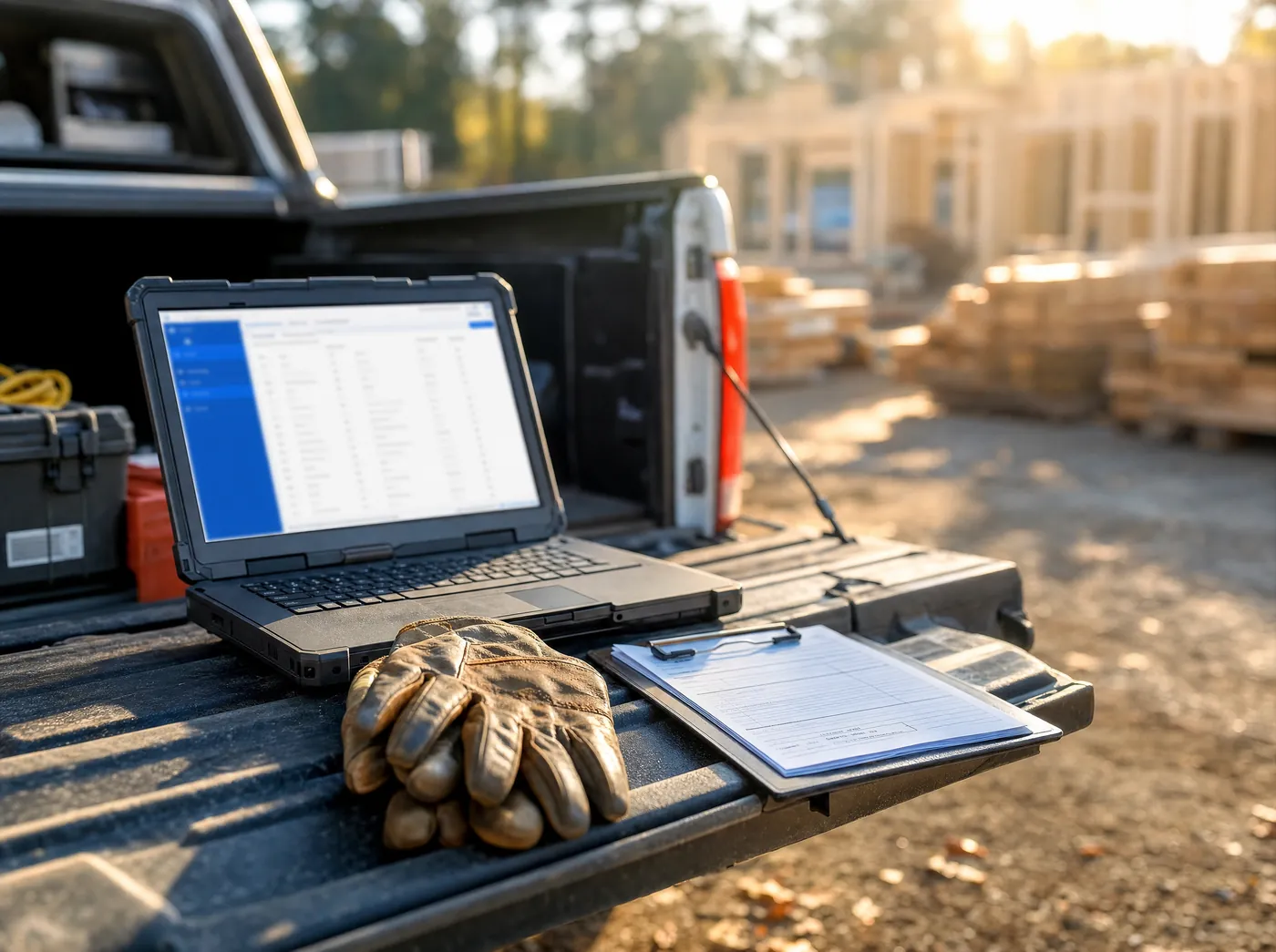 A laptop open on a pickup tailgate at a job site